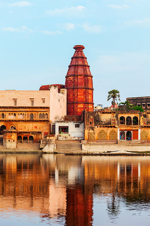 Krishna Temple at the Keshi Ghat on Yamuna river in Vrindavan near Mathura city 