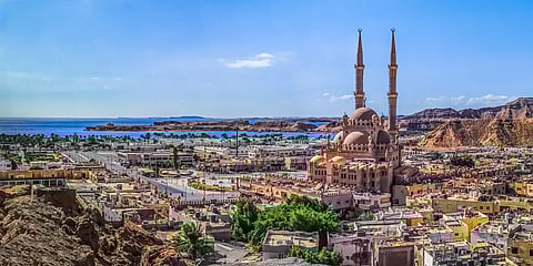 Wide angle drone panorama of Sharm El Sheikh coastline with Al Sahaba Mosque