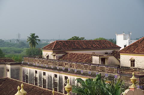 View of an old Chettinad style mansion in Karaikudi