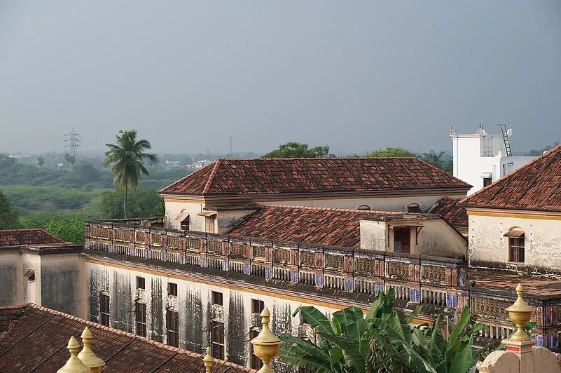 View of an old Chettinad style mansion in Karaikudi