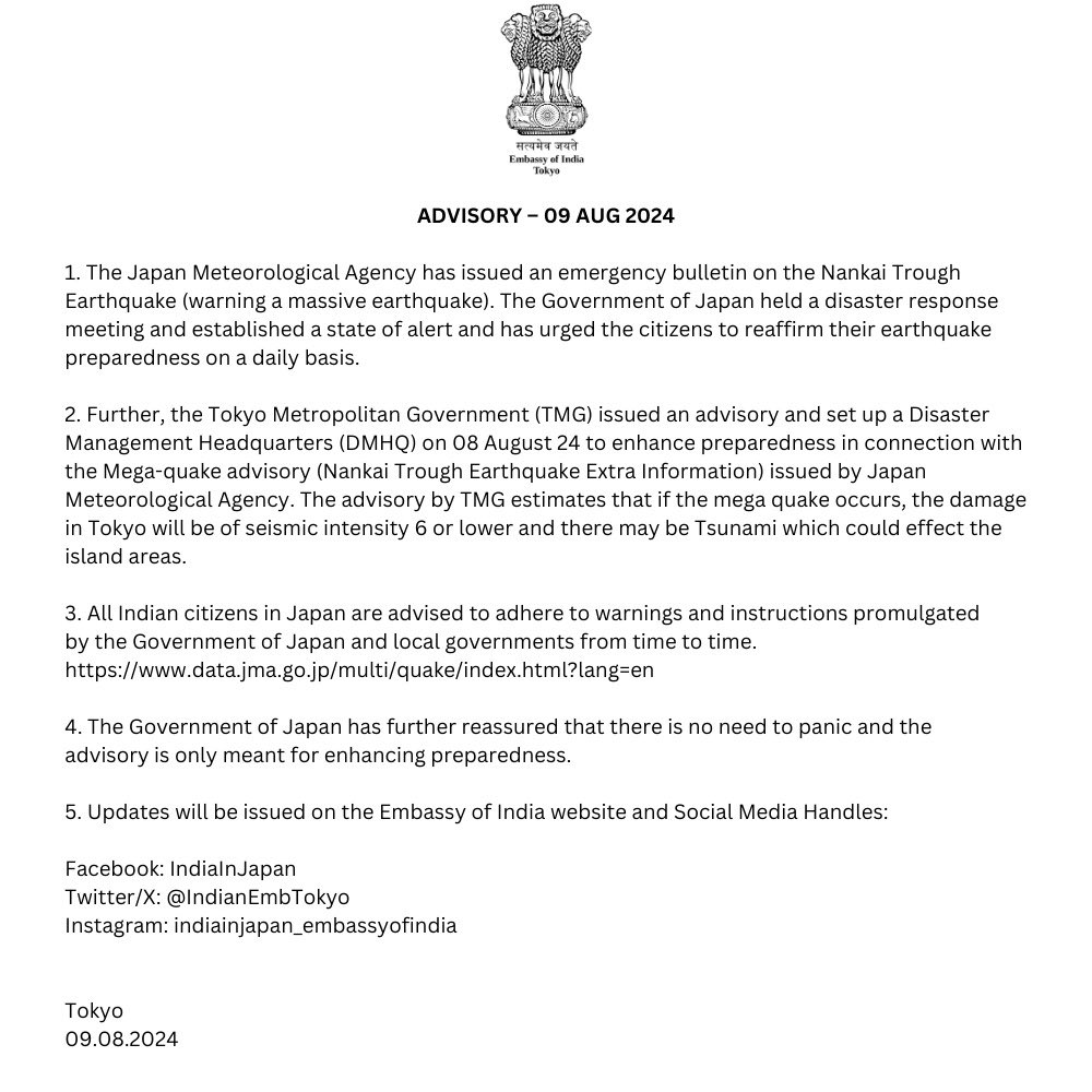 The advisory shared by the Indian embassy in Japan on August 9