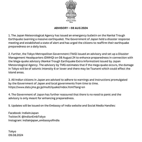 The advisory shared by the Indian embassy in Japan on August 9