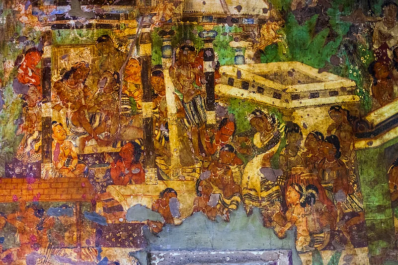 An ancient buddhist painting at the Ajanta Caves