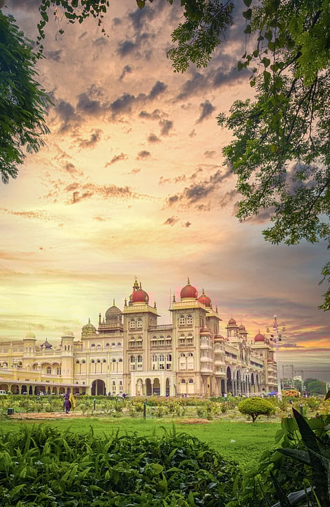 A long shot of the majestic Mysore Palace
