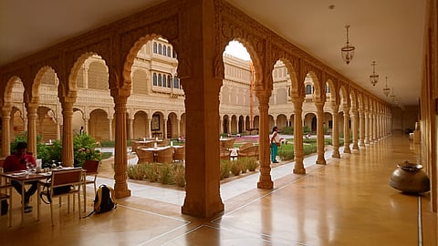 A view of the beautiful corridors of the Suryagarh Hotel in Jaisalmer