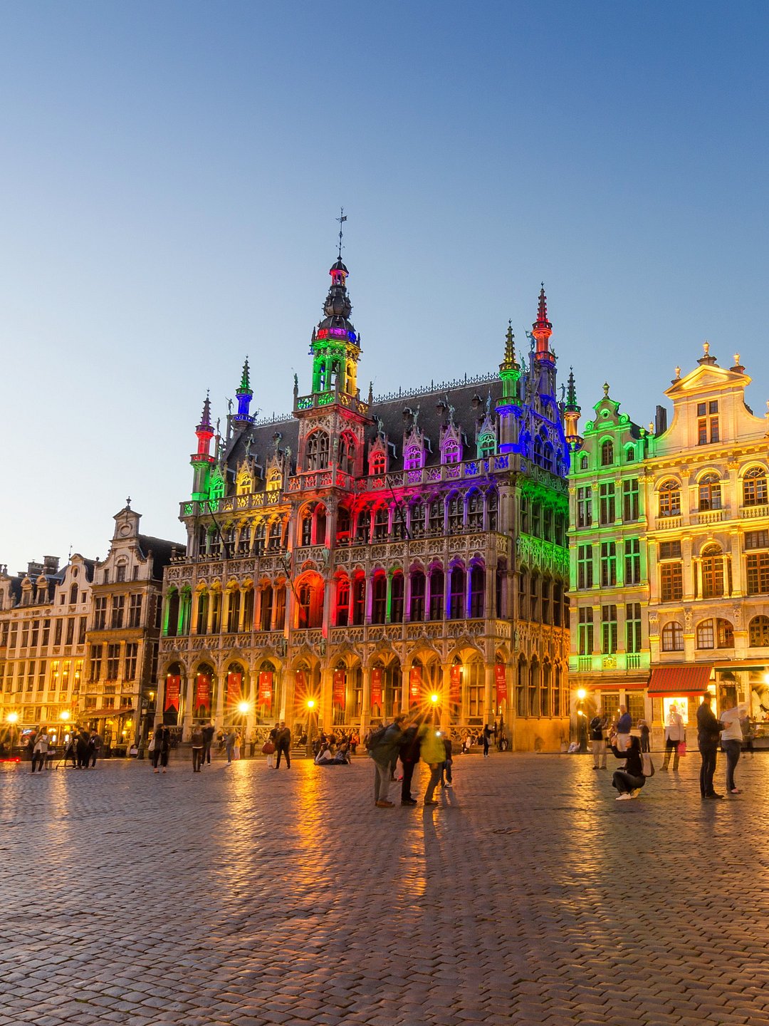 Grand Place with colourful lighting at Dusk in Brussels, Belgium