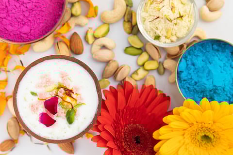 Kesar pista lassi is made from yoghurt, sugar, saffron, pistachios and cardamom