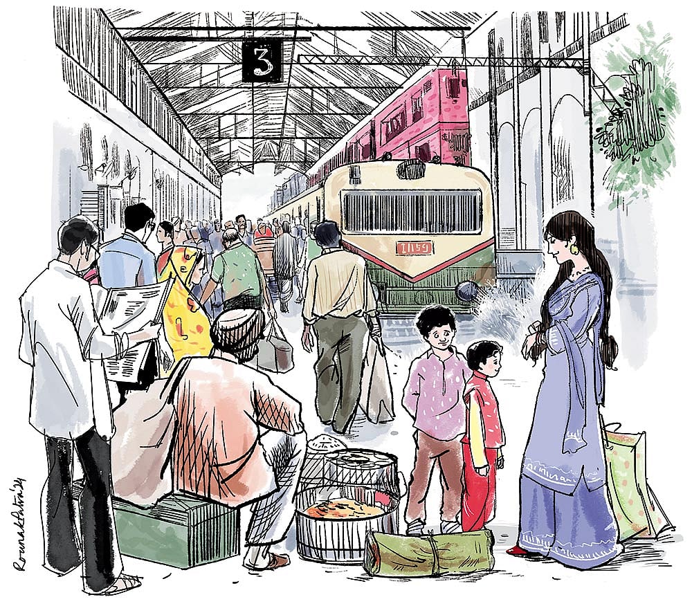 An artists depiction of Ali and his family on a railway platform