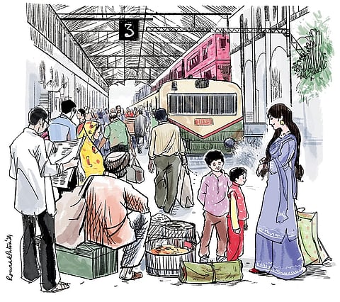 An artist's depiction of Ali and his family on a railway platform