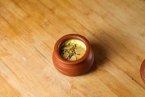 Phirni is a rice-based dessert flavoured with lots of saffron, cardamom and dry fruits
