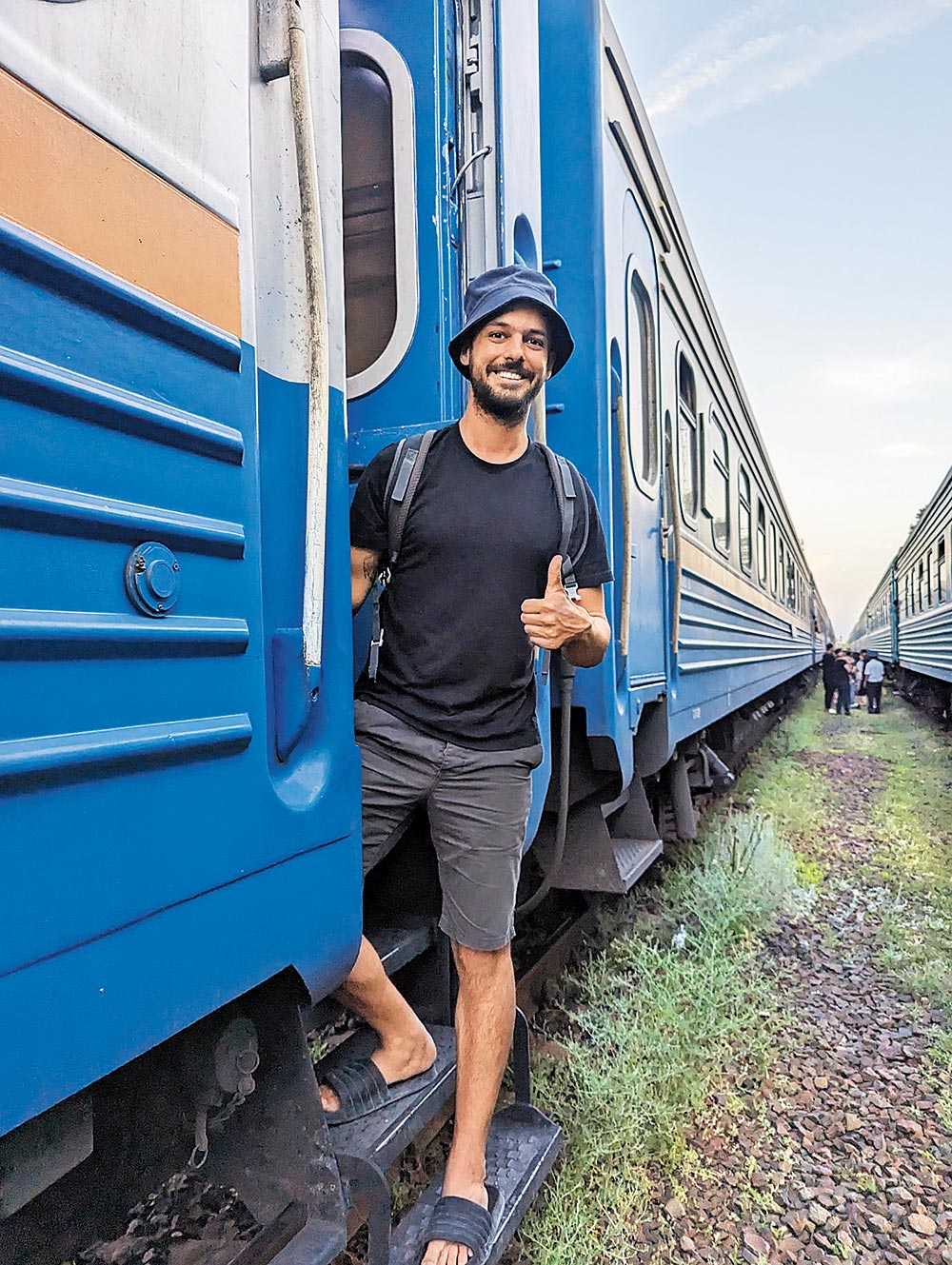 A shot of Nok aboard a train in Kazakhstan