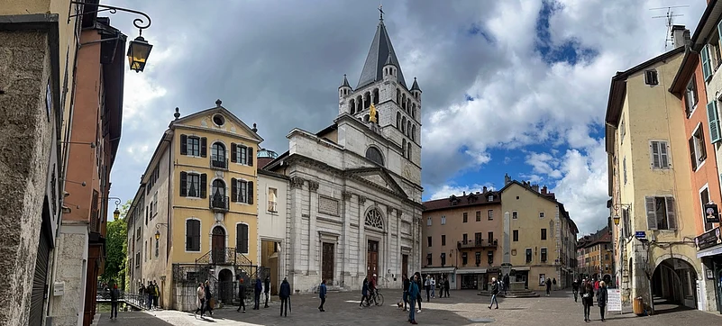 A view the old town skyline with the Notre Dame de Liesse church, a French Catholic church built in the second part of the 14th century