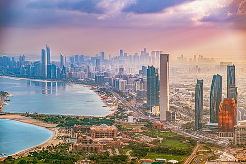 An aerial cityscape of Abu Dhabi