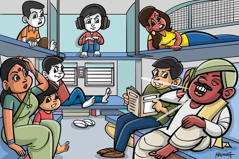 The Loudspeakers: Their intense conversations are now the business of everyone in the compartment. Mostly indifferent to their surroundings, when the loudspeakers talk, you have to
listen because they give you no choice, and you learn more about their personal life than you bargained for. - Naganath GS