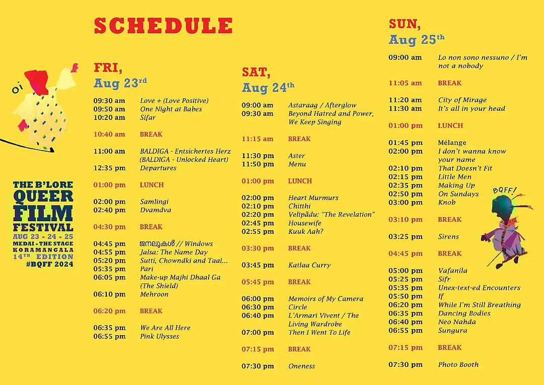 The schedule of Bangalore Queer Film Festival