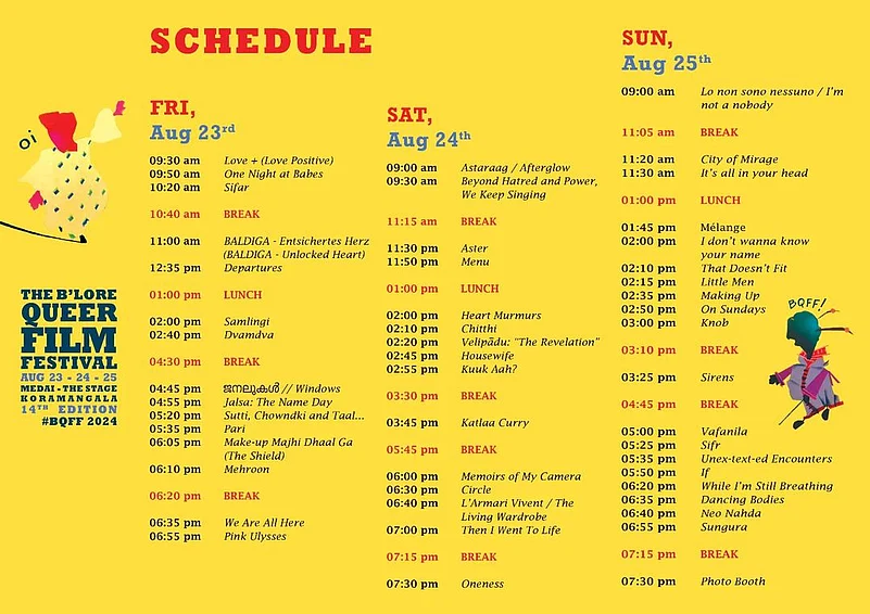 The schedule of Bangalore Queer Film Festival