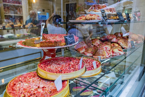 Tarte aux pralines is a traditional French dessert from the Lyon region