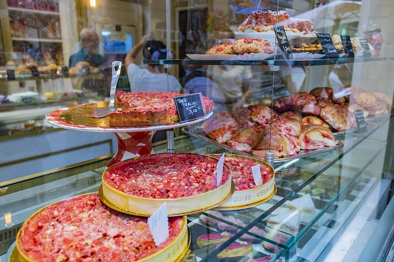 Tarte aux pralines is a traditional French dessert from the Lyon region