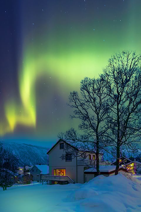 Northern lights in the sky over Tromso with typical Norwegian houses
