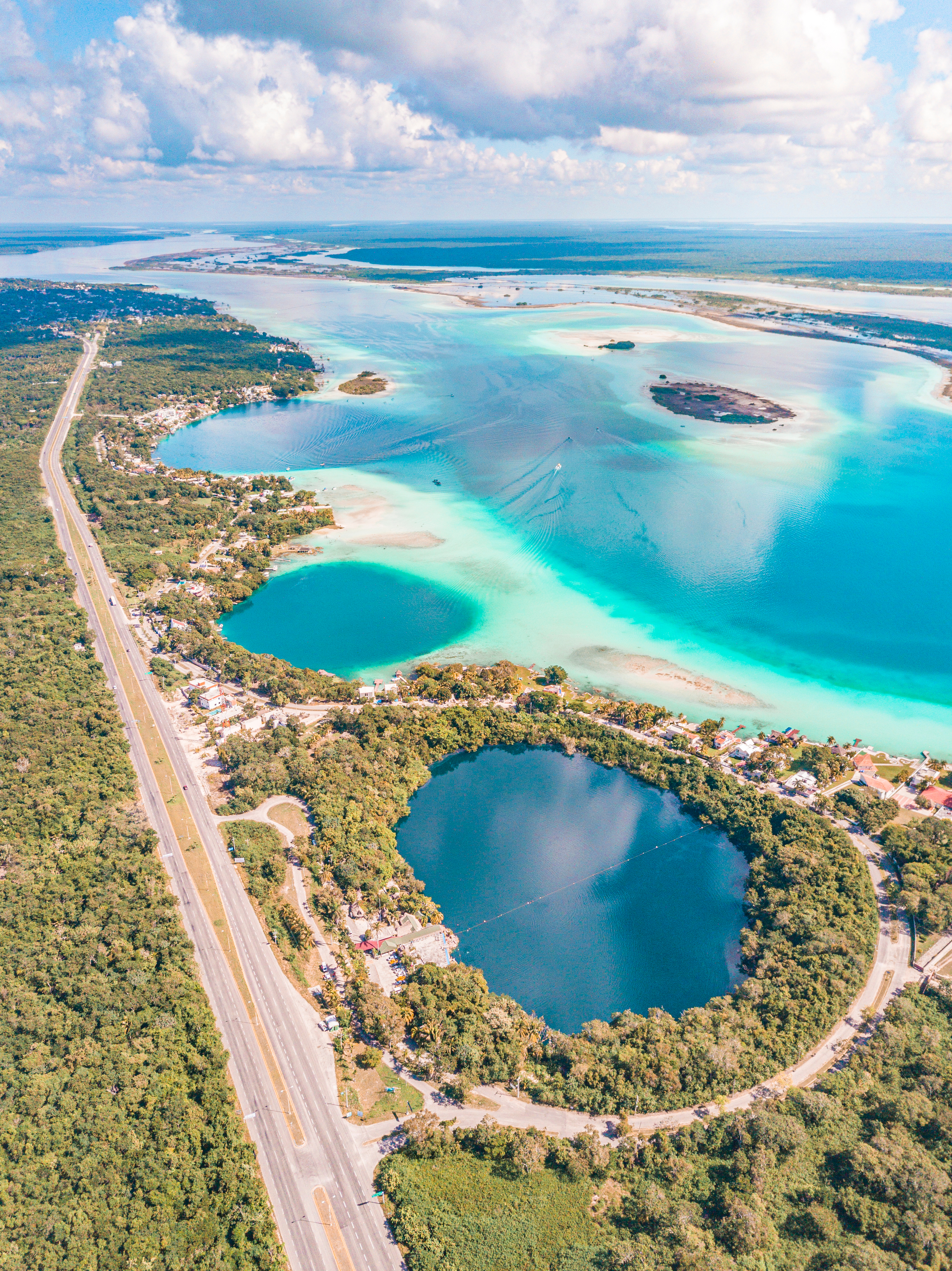 Aerial view of Bacalar Lagoon and Blue Cenote, near Cancun, in Riviera Maya, Mexico