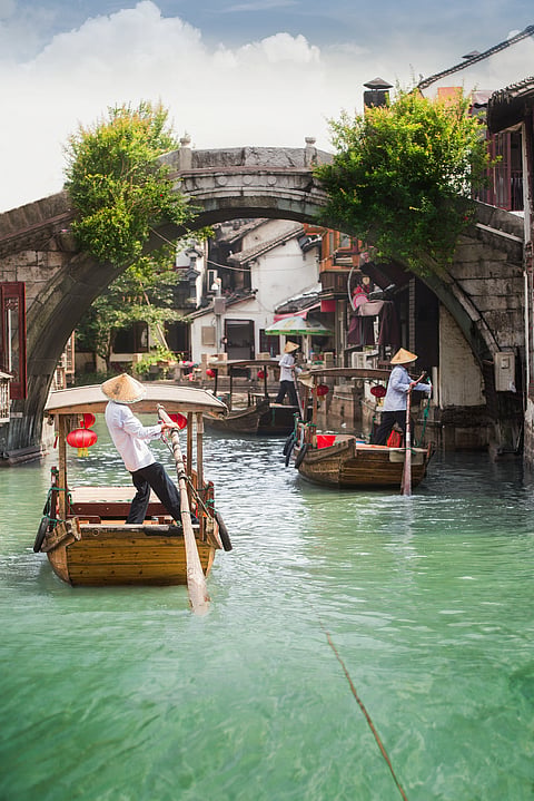 Shanghai Zhujiajiao town with boat and historic buildings