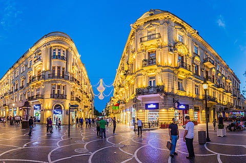 Night view of a pedestrian street in Baku, Azerbaijan
