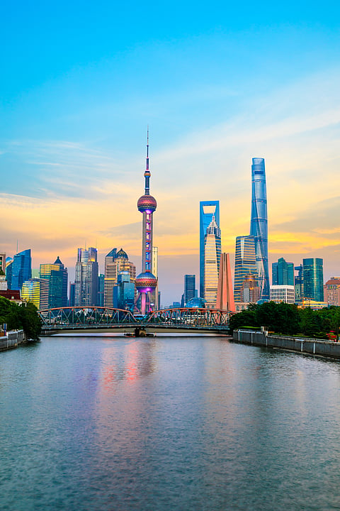 A long shot of The Bund in Shanghai