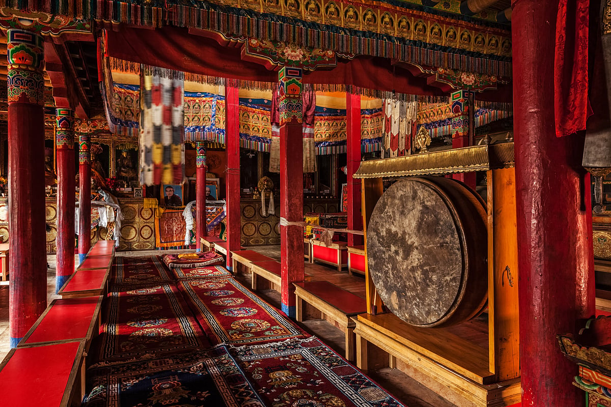 The Lamayuru Monastery houses beautiful frescoes, frightening masks, thangkas, statues and carpets
