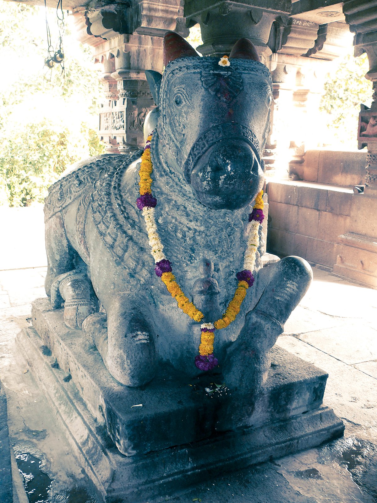 A view of the Nandi idol inside the temple