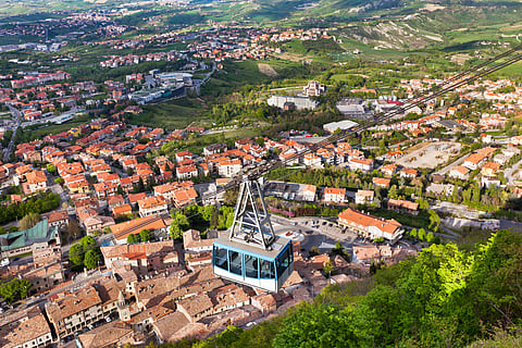 San Marino's cable car ride is renowned for its panoramic views over the microstate, the province of Rimini and the Adriatic Sea