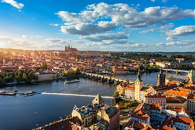 Shutterstock : An aerial view of the Old Town pier, Charles Bridge, and the Prague Castle overlooking the Vltava River