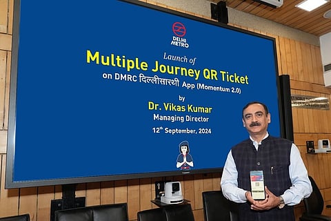 Managing director of the DMRC Vikas Kumar launched the "Multiple Journey QR Ticket" (MJQRT) facility at the Metro Bhawan on September 12, 2024