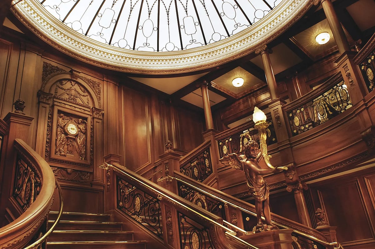 A replica of the original ship’s grand staircase at the Titanic Museum Attraction