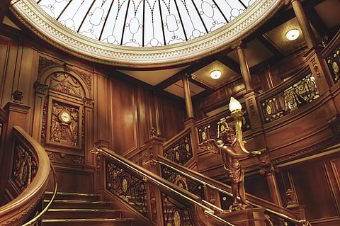 A replica of the original ship’s grand staircase at the Titanic Museum Attraction
