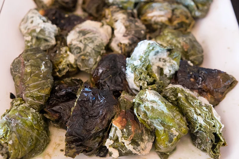 Young taro vegetable leaves cooked in coconut milk for palusami
