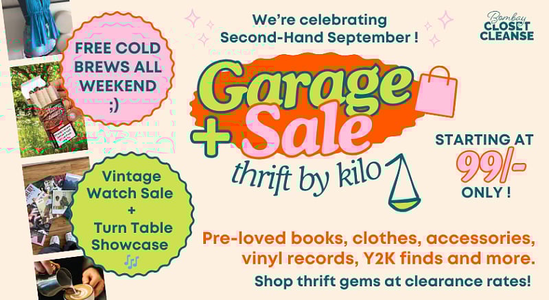 A garage sale in Versova is inviting people to purchase pre-loved clothes, accessories, books, vinyl records, Y2K and upcycled finds starting at just INR 99