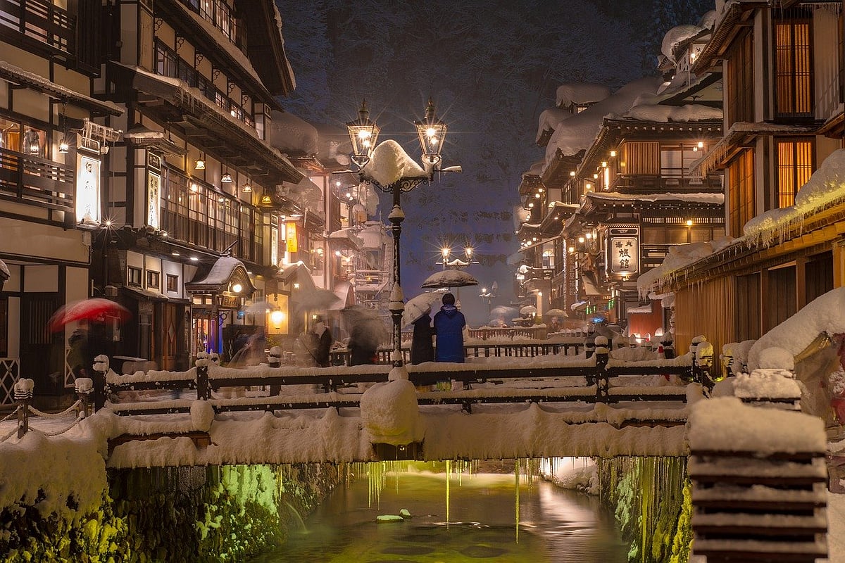 The Ginzan Onsen town centre is car-free with no modern buildings in sight