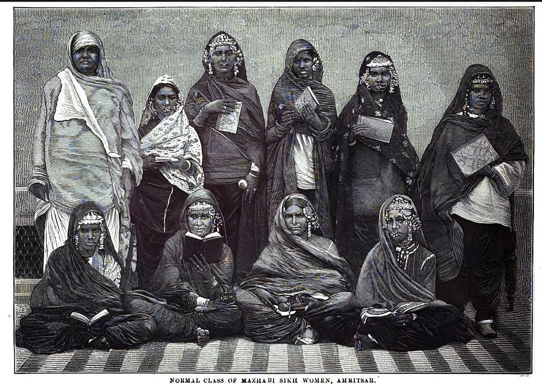 An 1889 lithograph of a ‘Normal Class of Mazhabi Sikh Women, Amritsar’, and is based on a photograph