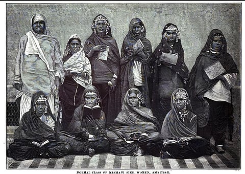 An 1889 lithograph of a ‘Normal Class of Mazhabi Sikh Women, Amritsar’, and is based on a photograph