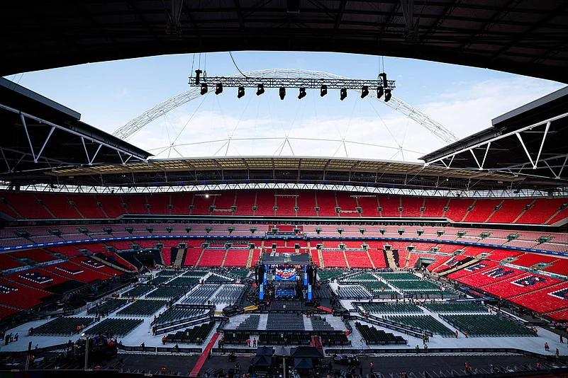 Wembley Stadium being set up for a concert