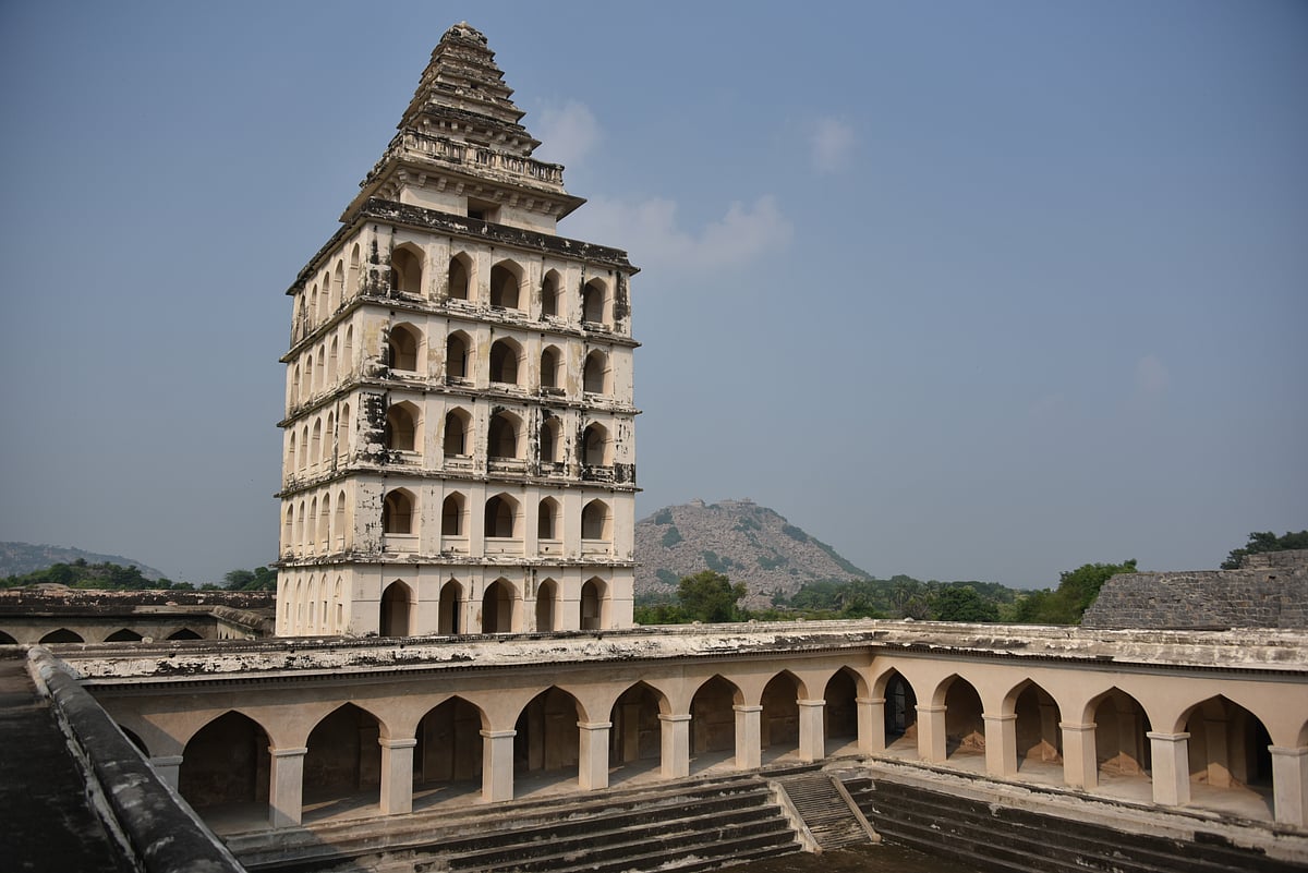 The multi-storeyed Kalyana Mahal (marriage hall) with its pyramidal top on Rajagiri Hill