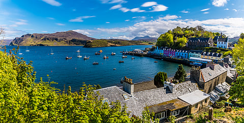A view over the town of Portree on the Isle of Skye, Scotland on a summers day
