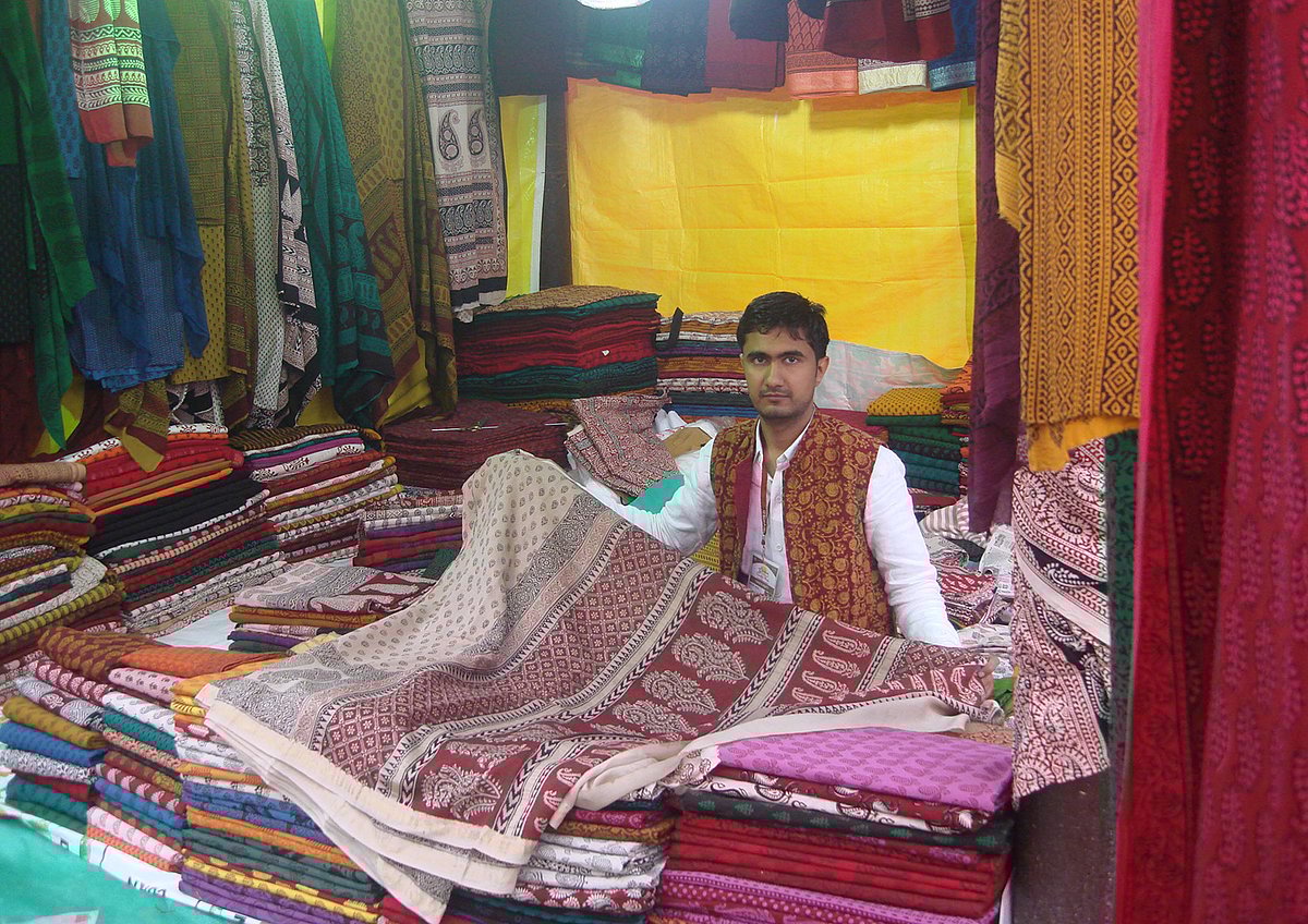 A traditional Bagh Print craftsman Mohammed Bilal Khatri from Bagh, Madhya Pradesh, at Surajkund International Crafts Mela