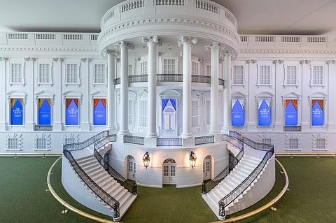 A 1:5 scale replica of the White House’s south façade transforms to tell the rich history of the building
