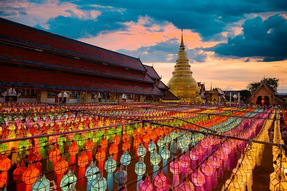 The light of beautiful lanna lamp lanterns at Yi Peng Festival at Wat Phra That Hariphunchai in Lamphun, Thailand