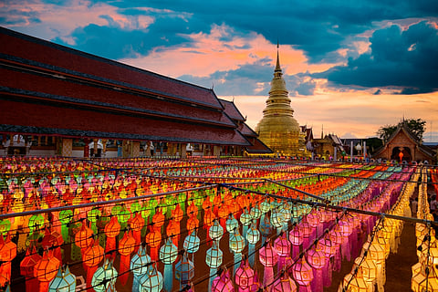 The light of beautiful lanna lanterns at the Yi Peng Festival in Wat Phra That Hariphunchai, Thailand