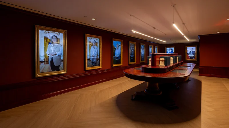Visitors can interact with framed digital “portraits” of White House staff at The People’s House: A White House Experience