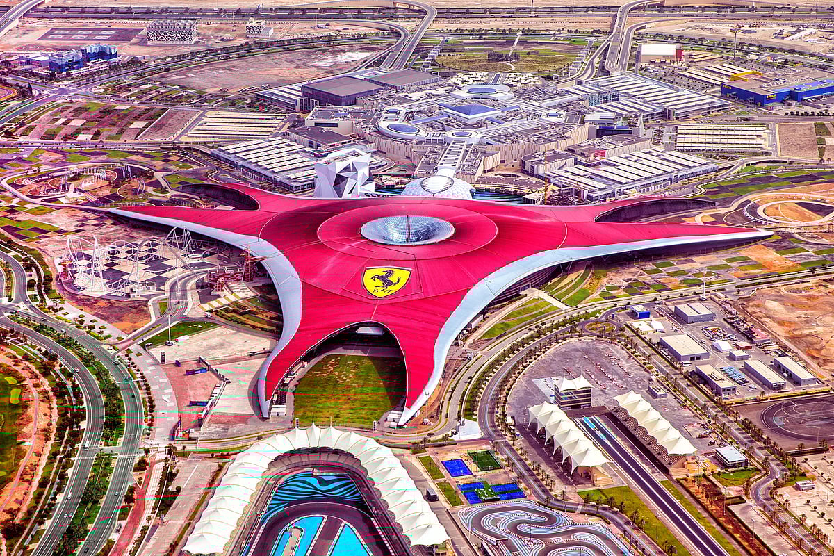 Skydiving at Yas Island will give you a bird’s-eye view of iconic sites like Ferrari World, pictured here