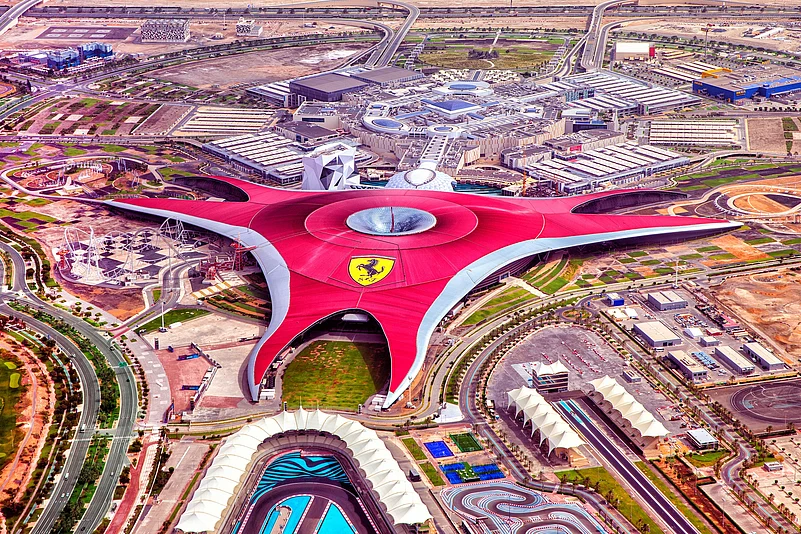Skydiving at Yas Island will give you a bird’s-eye view of iconic sites like Ferrari World, pictured here