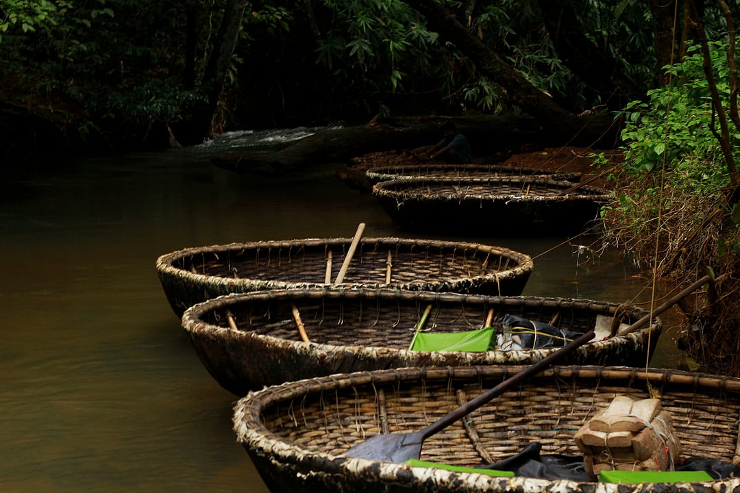 Coracle boats float on the Gavi Lake